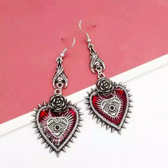 Jewelry - Gothic Bat Heart Evil Eye Dangle Earrings